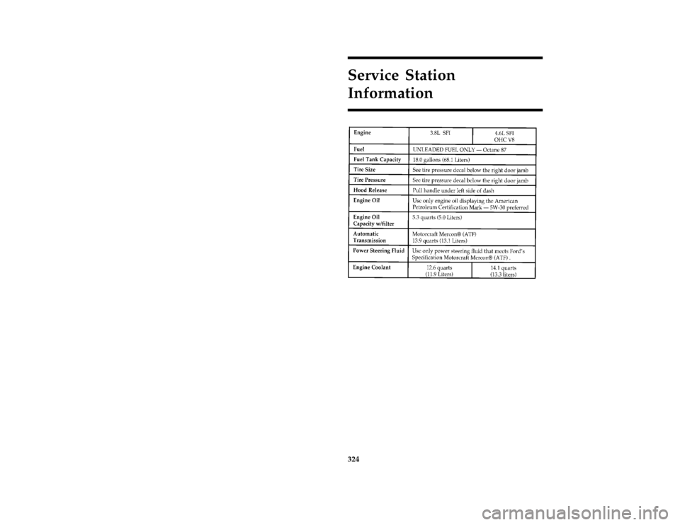 FORD THUNDERBIRD 1996 10.G Owners Manual 324Service Station
Information
[GS00200( BC )05/95]
eighteen pica chart:0011186-EFile:rcgsb.ex
Update:Mon Feb 19 10:43:01 1996 