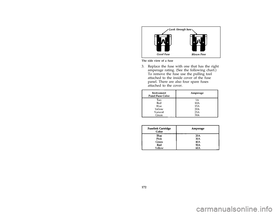 FORD THUNDERBIRD 1997 10.G Owners Manual 172 [ER05200( ALL)12/95]
quarter page art:0010416-AThe side view of a fuse
[ER05400( BC )12/95]
3. Replace the fuse with one that has the right
amperage rating. (See the following chart.)
To remove th