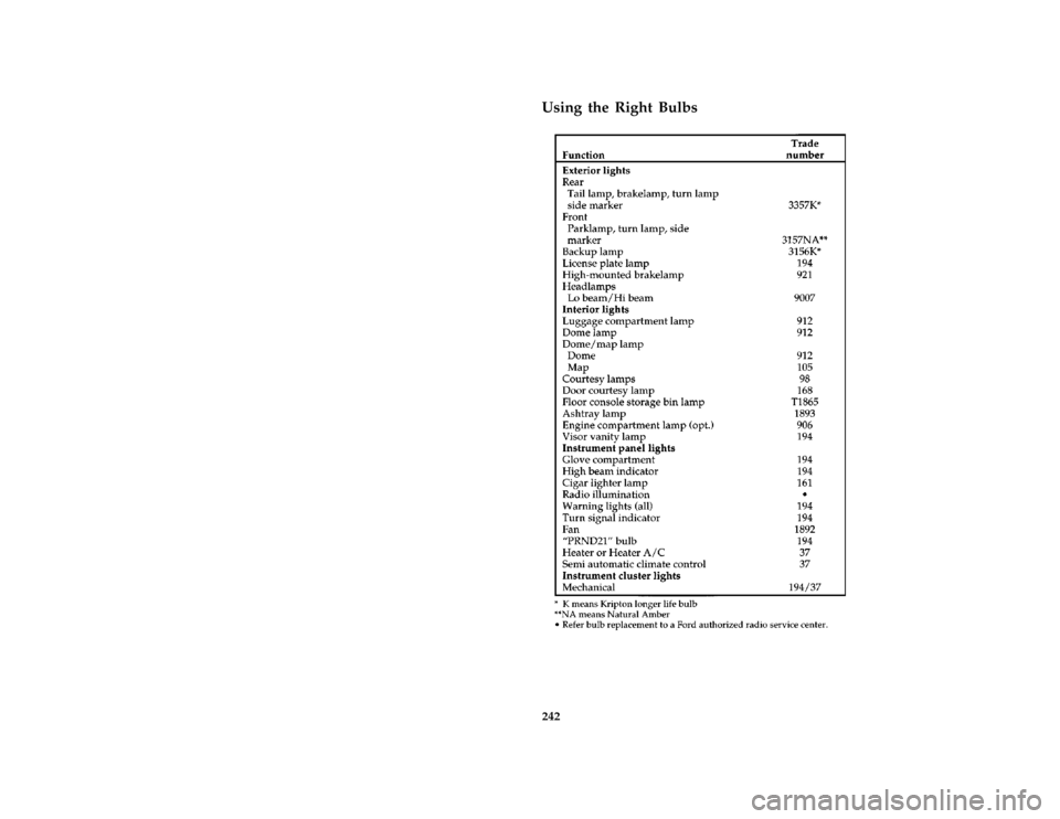 FORD THUNDERBIRD 1997 10.G Owners Manual 242 %
*
[MC48200( ALL)01/96]
Using the Right Bulbs
[MC48405( B )05/96]
thirty-four pica chart:0010439-GFile:11rcmcb.ex
Update:Thu May 30 11:02:59 1996 