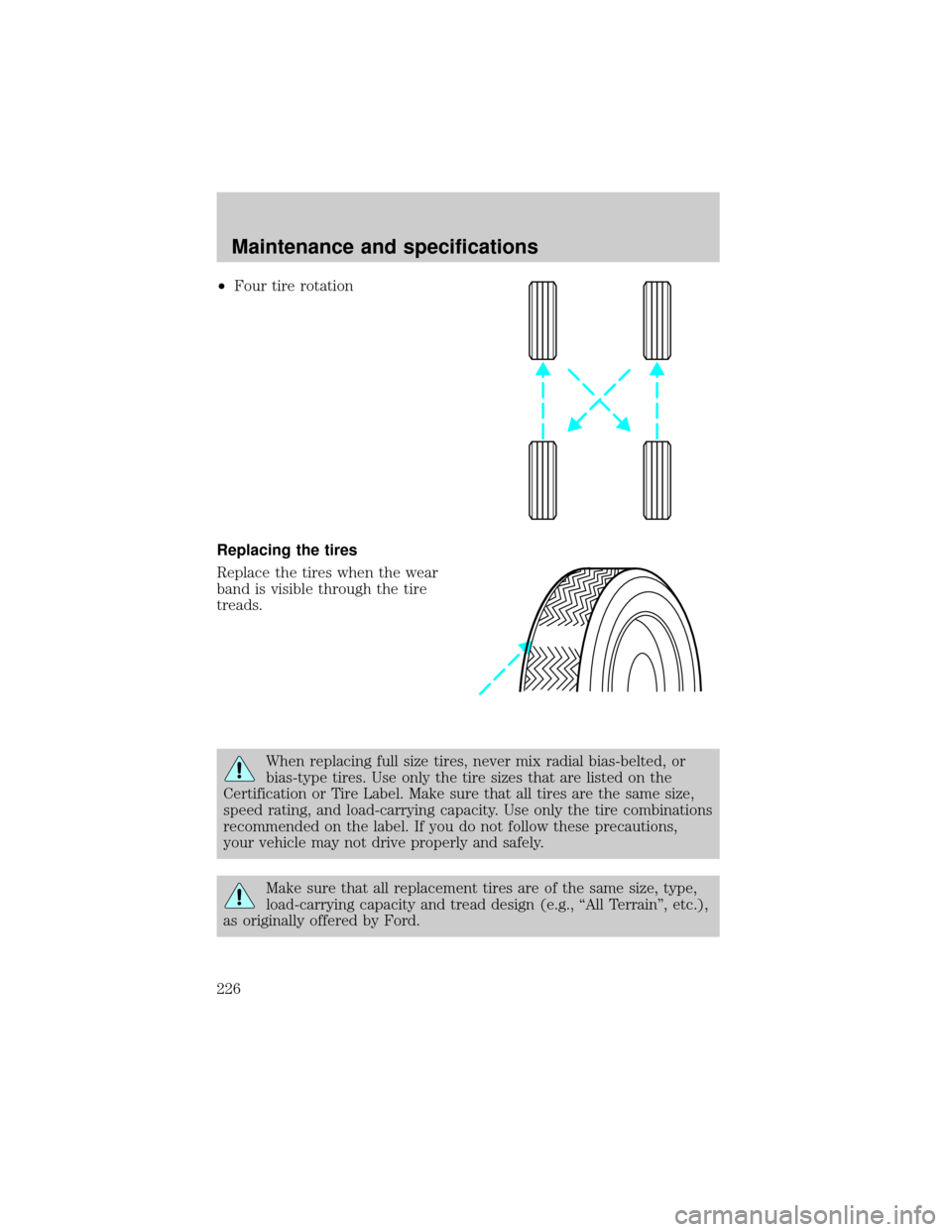 FORD THUNDERBIRD 2002 11.G Service Manual ²Four tire rotation
Replacing the tires
Replace the tires when the wear
band is visible through the tire
treads.
When replacing full size tires, never mix radial bias-belted, or
bias-type tires. Use 