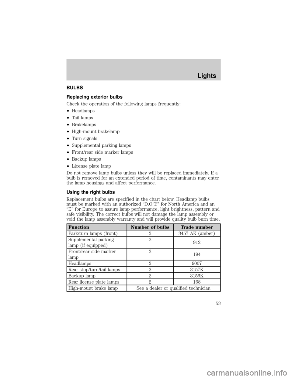 FORD THUNDERBIRD 2002 11.G Owners Manual BULBS
Replacing exterior bulbs
Check the operation of the following lamps frequently:
²Headlamps
²Tail lamps
²Brakelamps
²High-mount brakelamp
²Turn signals
²Supplemental parking lamps
²Front/r