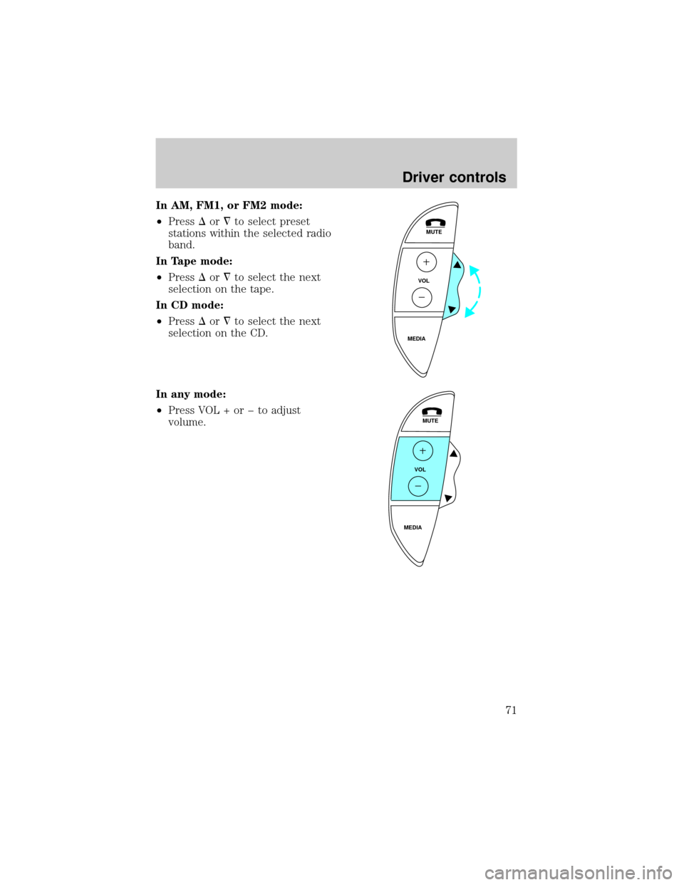 FORD THUNDERBIRD 2002 11.G Manual PDF In AM, FM1, or FM2 mode:
²PressDor¹to select preset
stations within the selected radio
band.
In Tape mode:
²PressDor¹to select the next
selection on the tape.
In CD mode:
²PressDor¹to select the FORD THUNDERBIRD 2002 11.G Manual PDF In AM, FM1, or FM2 mode:
²PressDor¹to select preset
stations within the selected radio
band.
In Tape mode:
²PressDor¹to select the next
selection on the tape.
In CD mode:
²PressDor¹to select the