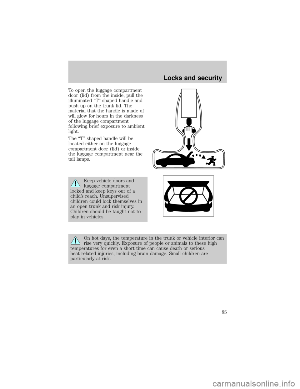 FORD THUNDERBIRD 2002 11.G Owners Manual To open the luggage compartment
door (lid) from the inside, pull the
illuminated ªTº shaped handle and
push up on the trunk lid. The
material that the handle is made of
will glow for hours in the da