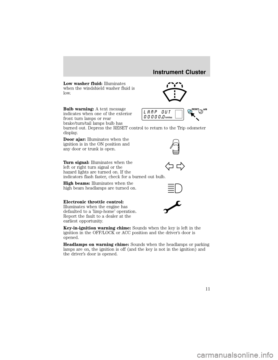FORD THUNDERBIRD 2003 11.G User Guide Low washer fluid:Illuminates
when the windshield washer fluid is
low.
Bulb warning:A text message
indicates when one of the exterior
front turn lamps or rear
brake/turn/tail lamps bulb has
burned out. FORD THUNDERBIRD 2003 11.G User Guide Low washer fluid:Illuminates
when the windshield washer fluid is
low.
Bulb warning:A text message
indicates when one of the exterior
front turn lamps or rear
brake/turn/tail lamps bulb has
burned out.
