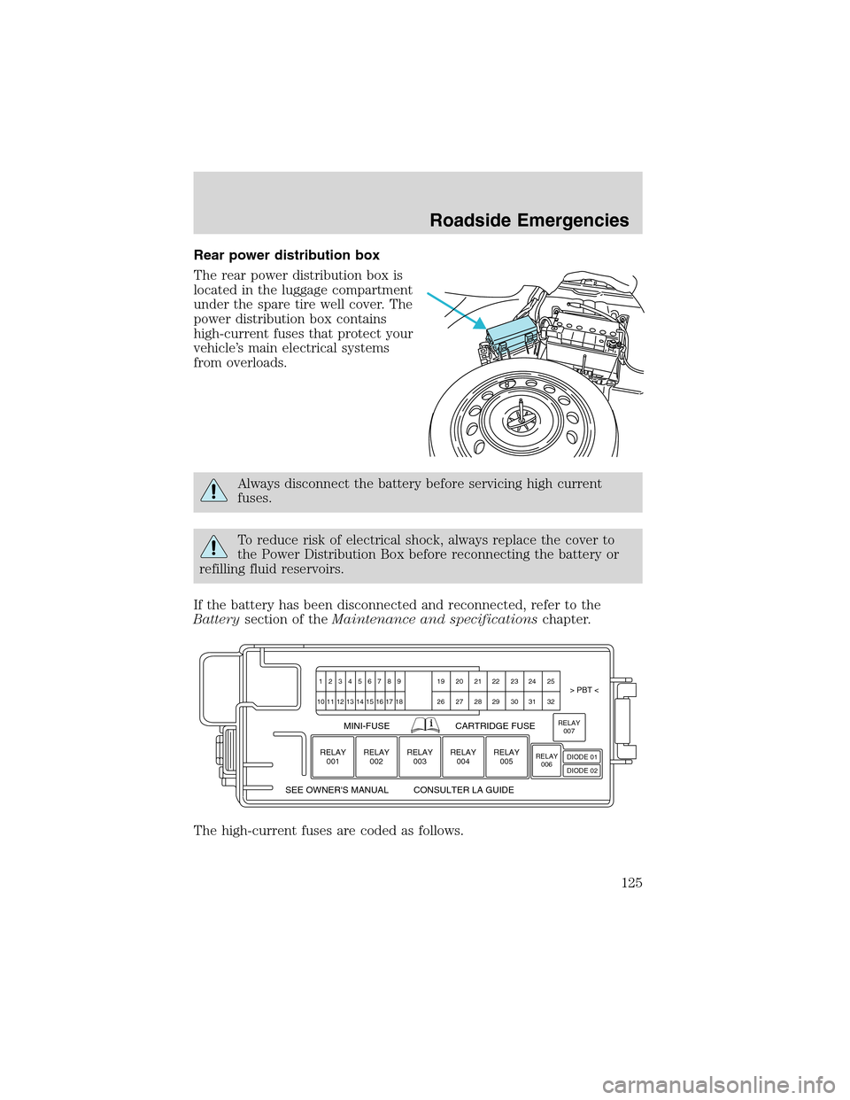 FORD THUNDERBIRD 2003 11.G Owners Manual Rear power distribution box
The rear power distribution box is
located in the luggage compartment
under the spare tire well cover. The
power distribution box contains
high-current fuses that protect y