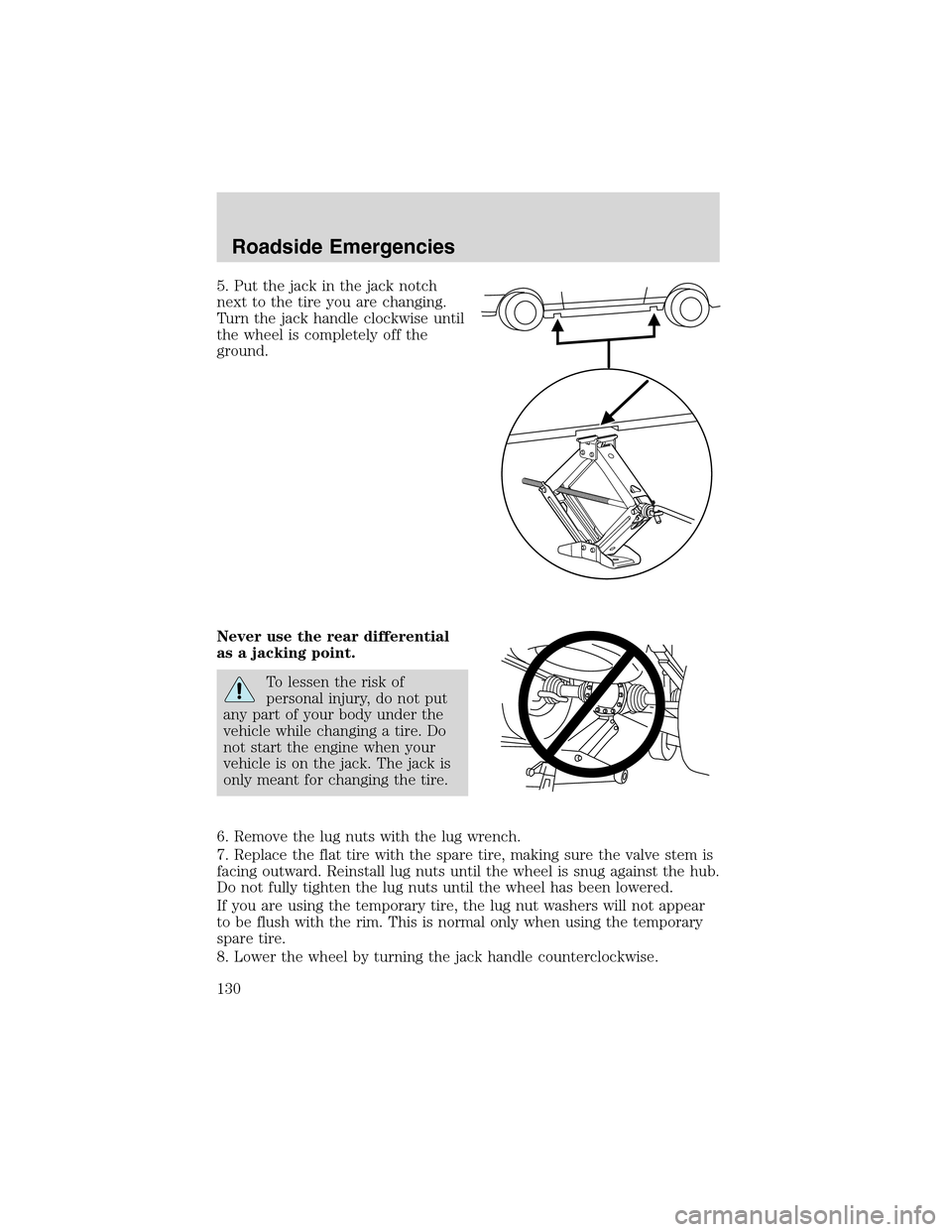 FORD THUNDERBIRD 2003 11.G Owners Manual 5. Put the jack in the jack notch
next to the tire you are changing.
Turn the jack handle clockwise until
the wheel is completely off the
ground.
Never use the rear differential
as a jacking point.
To FORD THUNDERBIRD 2003 11.G Owners Manual 5. Put the jack in the jack notch
next to the tire you are changing.
Turn the jack handle clockwise until
the wheel is completely off the
ground.
Never use the rear differential
as a jacking point.
To