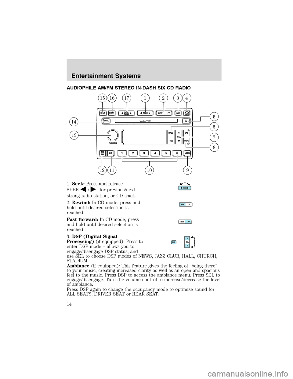FORD THUNDERBIRD 2003 11.G User Guide AUDIOPHILE AM/FM STEREO IN-DASH SIX CD RADIO
1.Seek:Press and release
SEEK
/for previous/next
strong radio station, or CD track.
2.Rewind:In CD mode, press and
hold until desired selection is
reached. FORD THUNDERBIRD 2003 11.G User Guide AUDIOPHILE AM/FM STEREO IN-DASH SIX CD RADIO
1.Seek:Press and release
SEEK
/for previous/next
strong radio station, or CD track.
2.Rewind:In CD mode, press and
hold until desired selection is
reached.