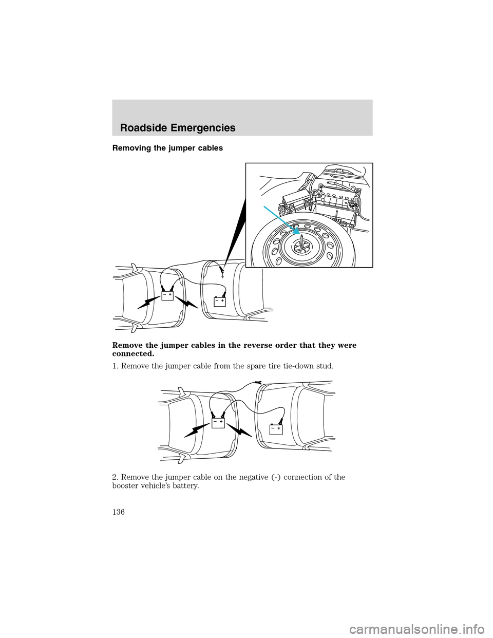 FORD THUNDERBIRD 2003 11.G Owners Manual Removing the jumper cables
Remove the jumper cables in the reverse order that they were
connected.
1. Remove the jumper cable from the spare tire tie-down stud.
2. Remove the jumper cable on the negat FORD THUNDERBIRD 2003 11.G Owners Manual Removing the jumper cables
Remove the jumper cables in the reverse order that they were
connected.
1. Remove the jumper cable from the spare tire tie-down stud.
2. Remove the jumper cable on the negat