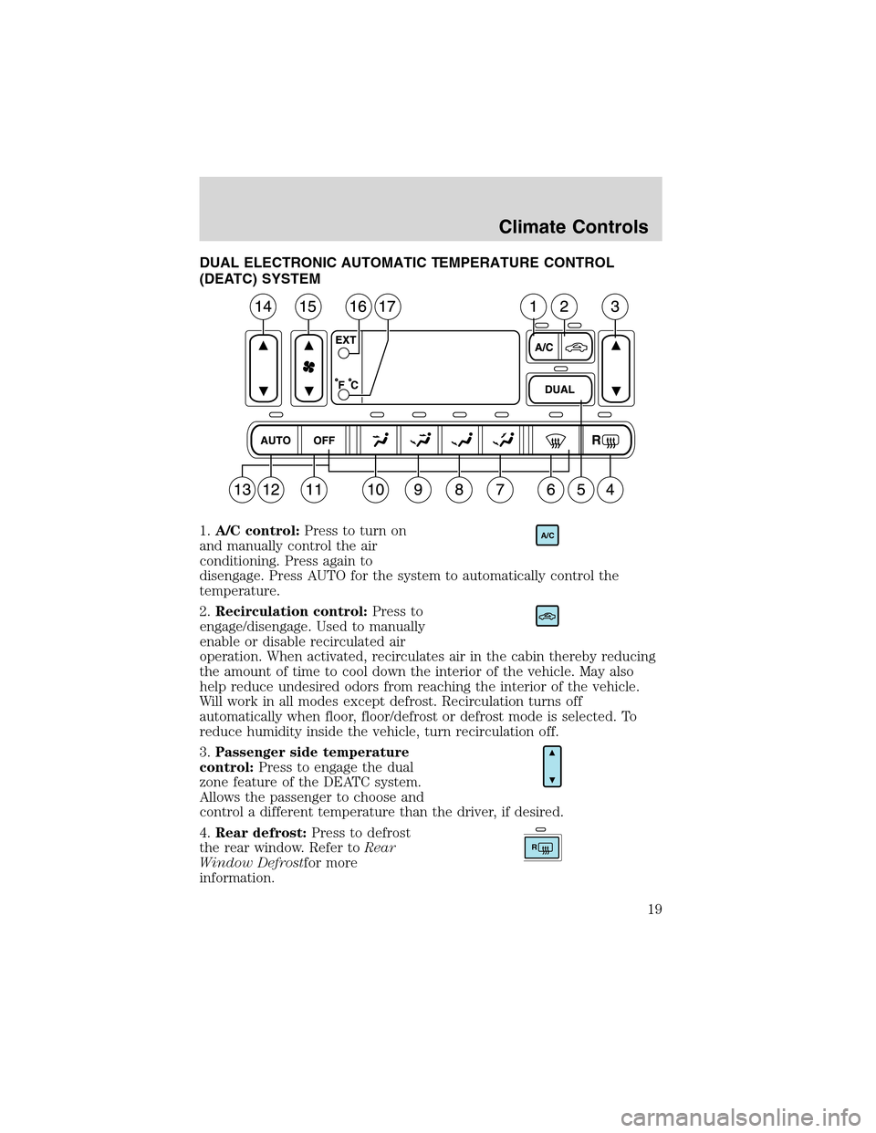 FORD THUNDERBIRD 2003 11.G Owners Manual DUAL ELECTRONIC AUTOMATIC TEMPERATURE CONTROL
(DEATC) SYSTEM
1.A/C control:Press to turn on
and manually control the air
conditioning. Press again to
disengage. Press AUTO for the system to automatica