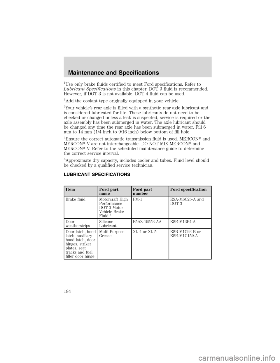 FORD THUNDERBIRD 2003 11.G Owners Manual 1Use only brake fluids certified to meet Ford specifications. Refer to
Lubricant Specificationsin this chapter. DOT 3 fluid is recommended.
However, if DOT 3 is not available, DOT 4 fluid can be used.