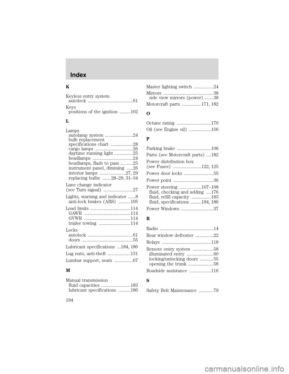 FORD THUNDERBIRD 2003 11.G Owners Manual K
Keylessentrysystem
autolock.....................................61
Keys
positions of the ignition .........102
L
Lamps
autolamp system .......................24
bulb replacement
specifications chart