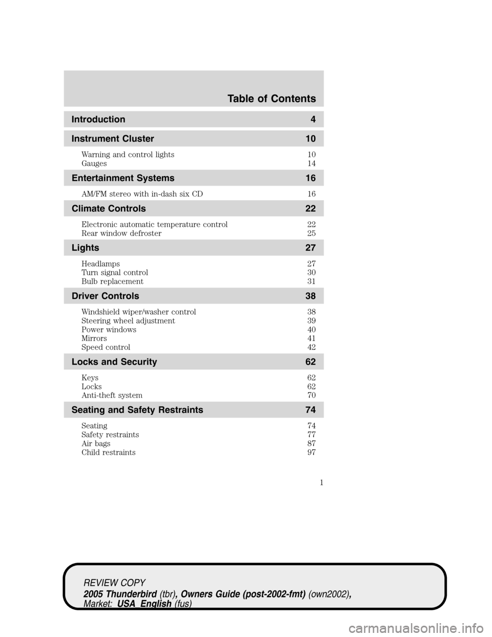 FORD THUNDERBIRD 2005 11.G Owners Manual 