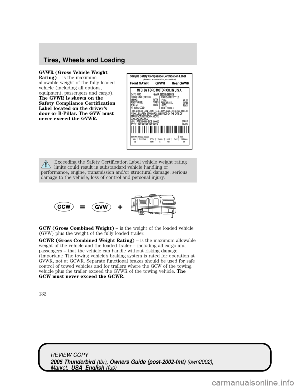 FORD THUNDERBIRD 2005 11.G Owners Manual GVWR (Gross Vehicle Weight
Rating)–is the maximum
allowable weight of the fully loaded
vehicle (including all options,
equipment, passengers and cargo).
The GVWR is shown on the
Safety Compliance Ce