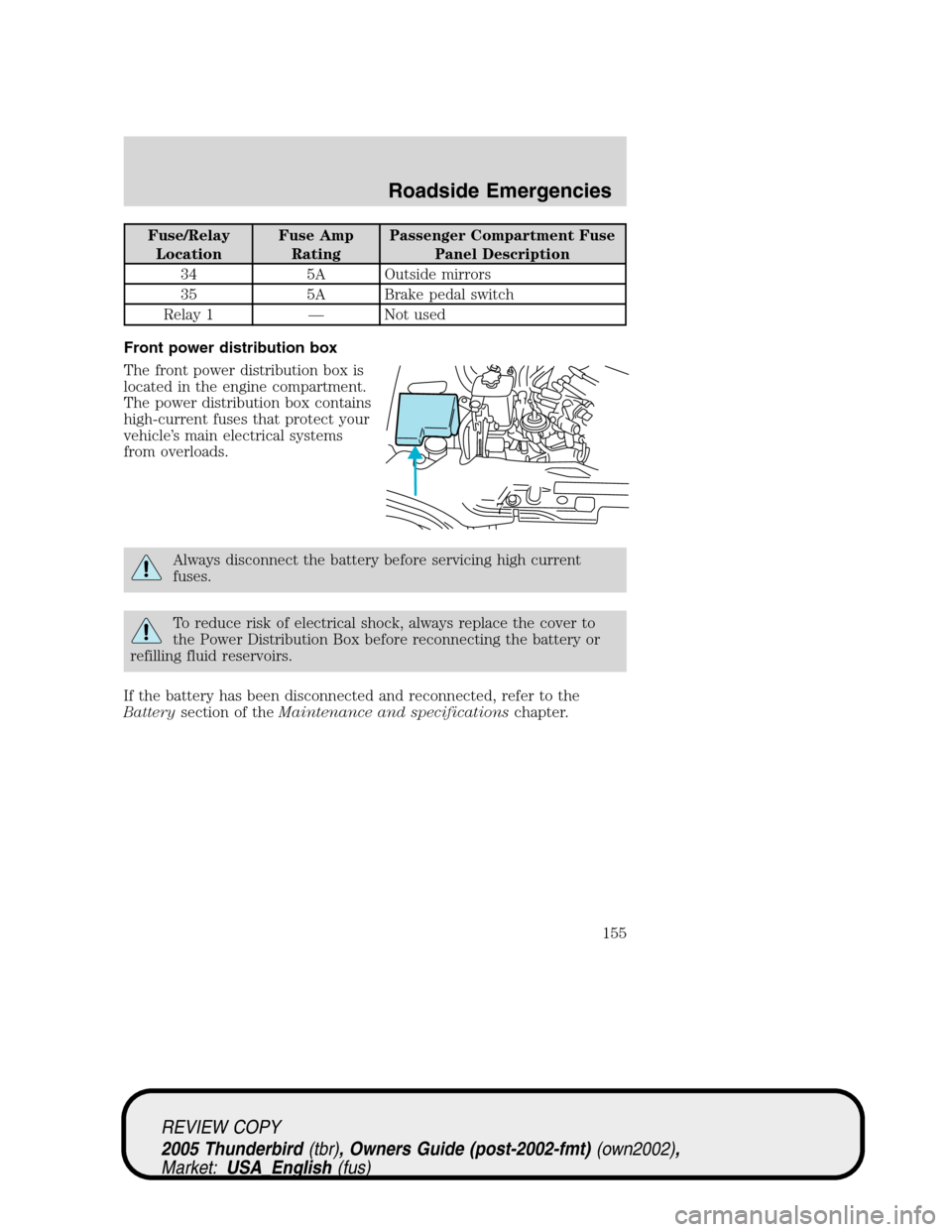 FORD THUNDERBIRD 2005 11.G Owners Manual Fuse/Relay
LocationFuse Amp
RatingPassenger Compartment Fuse
Panel Description
34 5A Outside mirrors
35 5A Brake pedal switch
Relay 1—Not used
Front power distribution box
The front power distributi