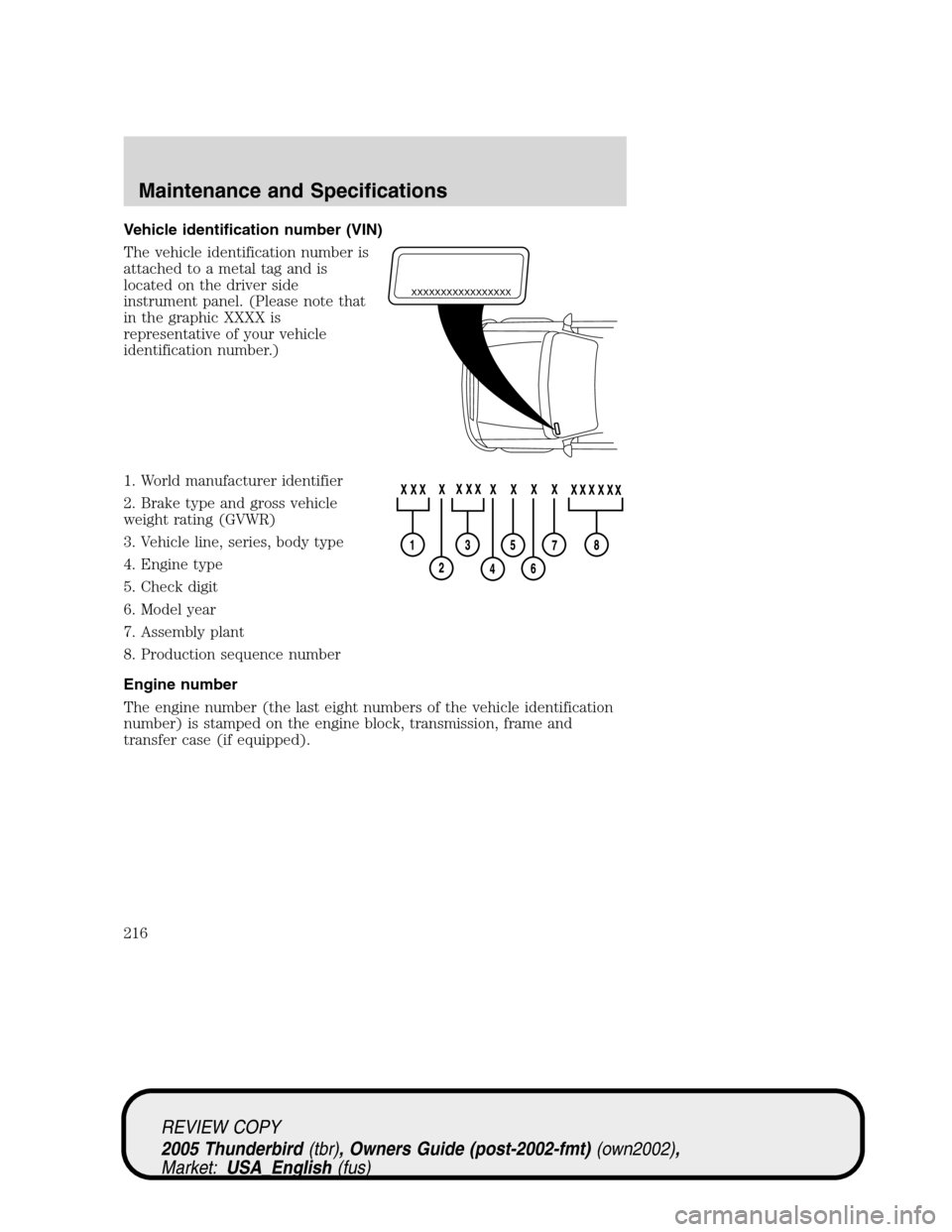 FORD THUNDERBIRD 2005 11.G Manual PDF Vehicle identification number (VIN)
The vehicle identification number is
attached to a metal tag and is
located on the driver side
instrument panel. (Please note that
in the graphic XXXX is
representa FORD THUNDERBIRD 2005 11.G Manual PDF Vehicle identification number (VIN)
The vehicle identification number is
attached to a metal tag and is
located on the driver side
instrument panel. (Please note that
in the graphic XXXX is
representa