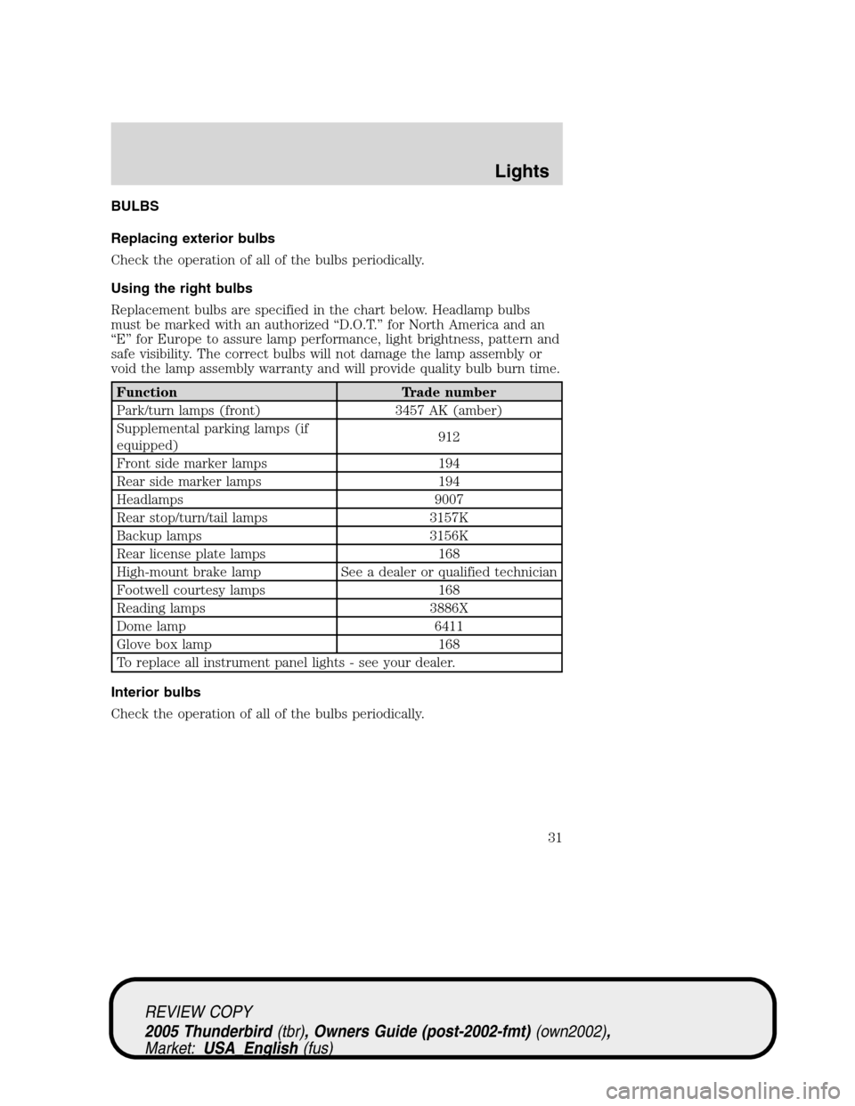 FORD THUNDERBIRD 2005 11.G Owners Manual BULBS
Replacing exterior bulbs
Check the operation of all of the bulbs periodically.
Using the right bulbs
Replacement bulbs are specified in the chart below. Headlamp bulbs
must be marked with an aut FORD THUNDERBIRD 2005 11.G Owners Manual BULBS
Replacing exterior bulbs
Check the operation of all of the bulbs periodically.
Using the right bulbs
Replacement bulbs are specified in the chart below. Headlamp bulbs
must be marked with an aut