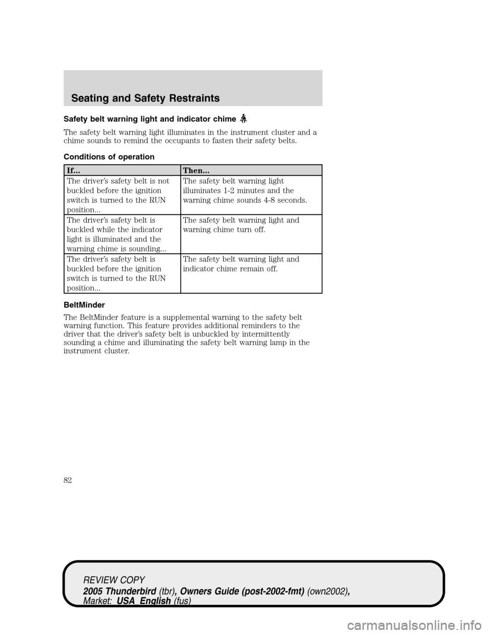 FORD THUNDERBIRD 2005 11.G Owners Manual Safety belt warning light and indicator chime
The safety belt warning light illuminates in the instrument cluster and a
chime sounds to remind the occupants to fasten their safety belts.
Conditions of