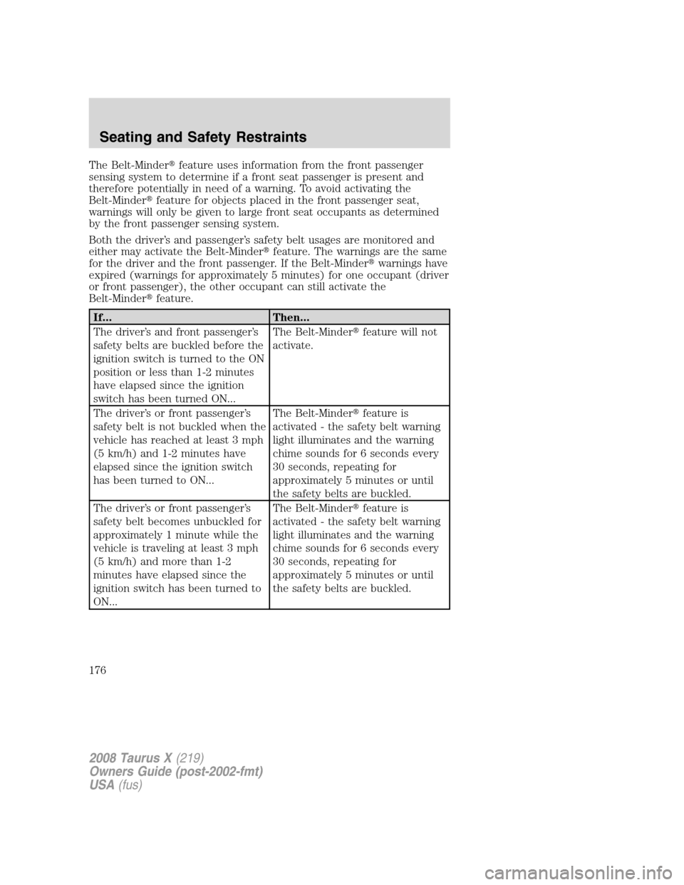 FORD TAURUS X 2008 1.G Owners Manual The Belt-Minderfeature uses information from the front passenger
sensing system to determine if a front seat passenger is present and
therefore potentially in need of a warning. To avoid activating t