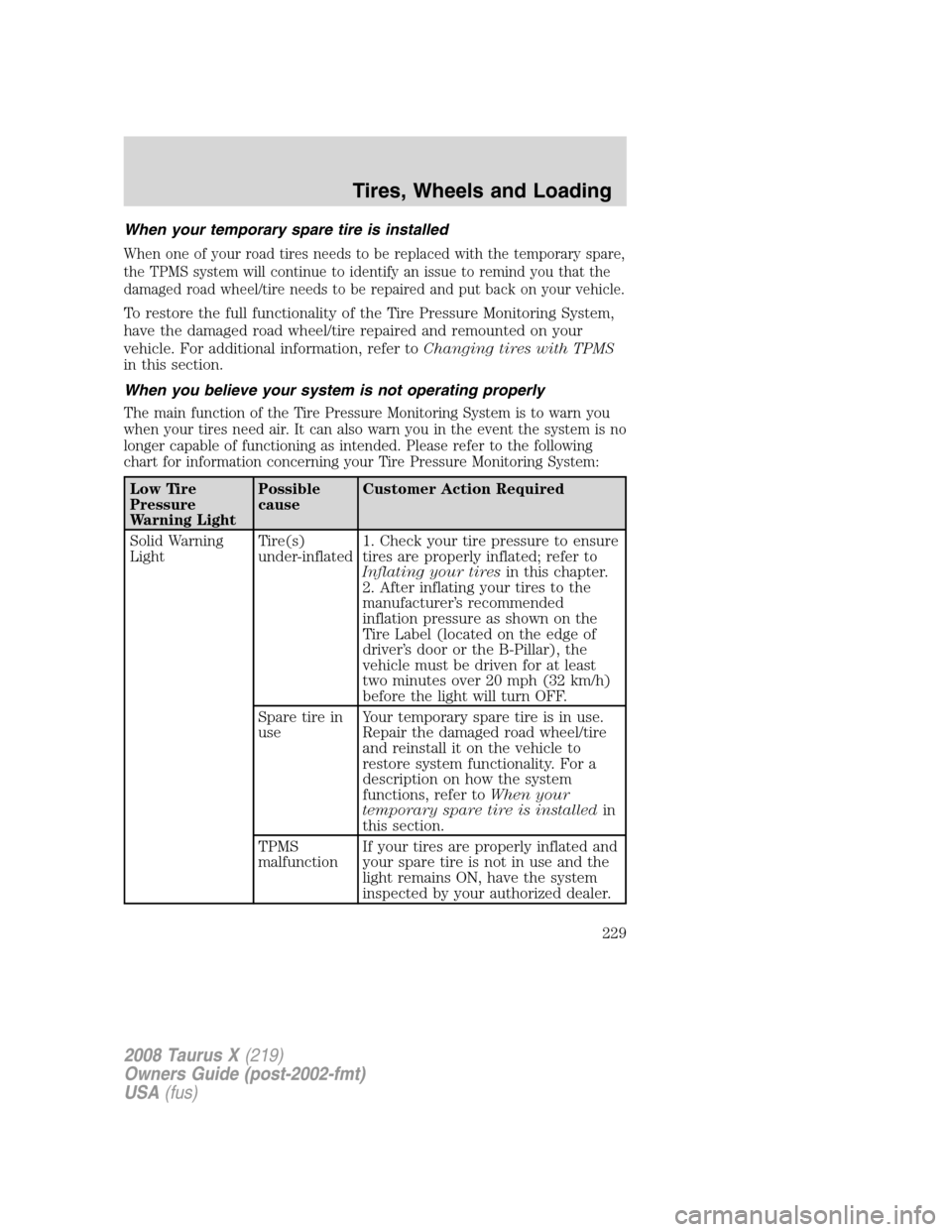 FORD TAURUS X 2008 1.G Owners Manual When your temporary spare tire is installed
When one of your road tires needs to be replaced with the temporary spare,
the TPMS system will continue to identify an issue to remind you that the
damaged
