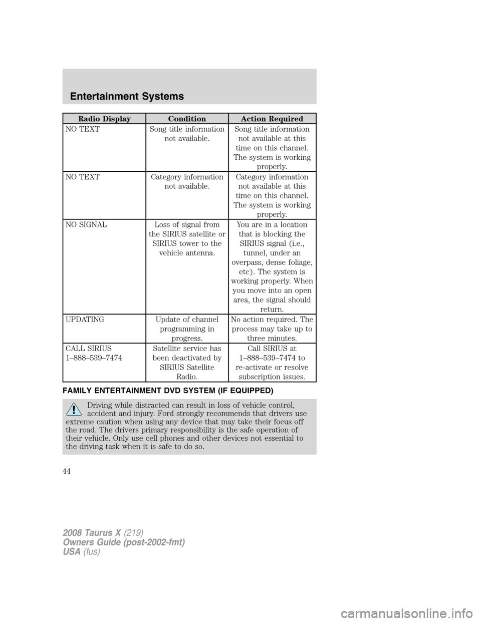 FORD TAURUS X 2008 1.G Service Manual Radio Display Condition Action Required
NO TEXT Song title information
not available.Song title information
not available at this
time on this channel.
The system is working
properly.
NO TEXT Category