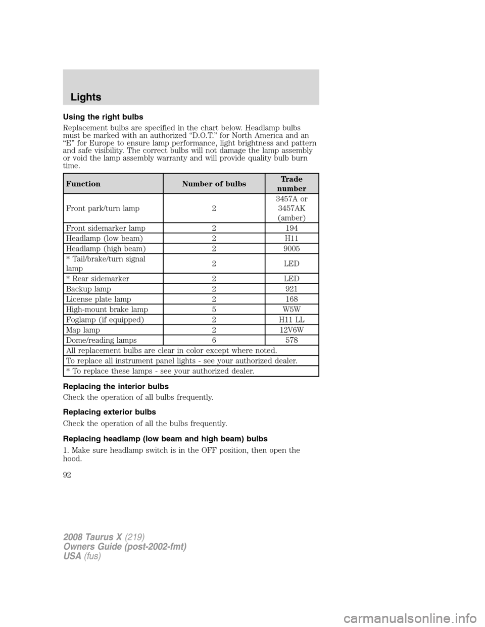 FORD TAURUS X 2008 1.G Owners Manual Using the right bulbs
Replacement bulbs are specified in the chart below. Headlamp bulbs
must be marked with an authorized “D.O.T.” for North America and an
“E” for Europe to ensure lamp perfo FORD TAURUS X 2008 1.G Owners Manual Using the right bulbs
Replacement bulbs are specified in the chart below. Headlamp bulbs
must be marked with an authorized “D.O.T.” for North America and an
“E” for Europe to ensure lamp perfo