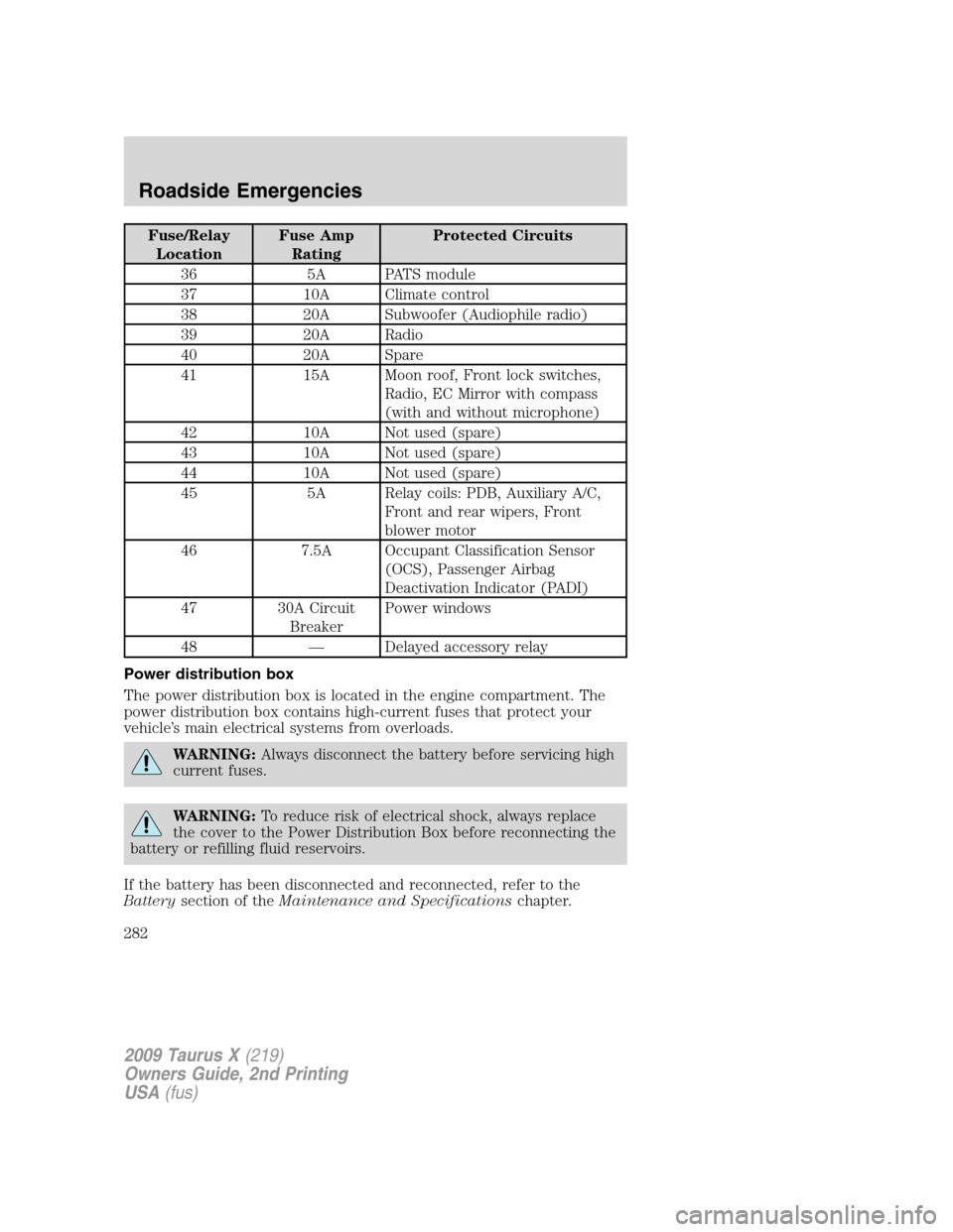 FORD TAURUS X 2009 1.G Service Manual Fuse/Relay
LocationFuse Amp
RatingProtected Circuits
36 5A PATS module
37 10A Climate control
38 20A Subwoofer (Audiophile radio)
39 20A Radio
40 20A Spare
41 15A Moon roof, Front lock switches,
Radio