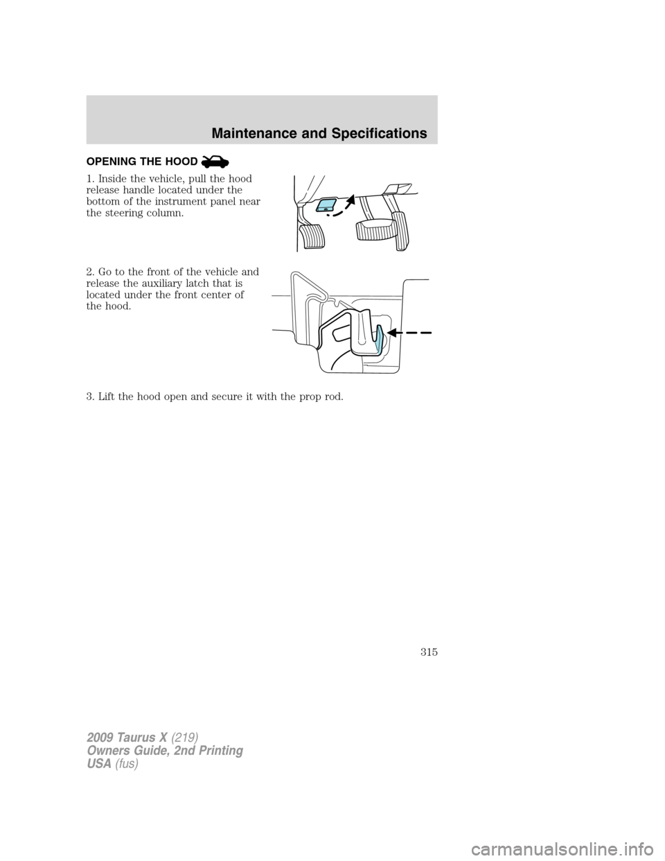 FORD TAURUS X 2009 1.G Owners Manual OPENING THE HOOD
1. Inside the vehicle, pull the hood
release handle located under the
bottom of the instrument panel near
the steering column.
2. Go to the front of the vehicle and
release the auxili FORD TAURUS X 2009 1.G Owners Manual OPENING THE HOOD
1. Inside the vehicle, pull the hood
release handle located under the
bottom of the instrument panel near
the steering column.
2. Go to the front of the vehicle and
release the auxili