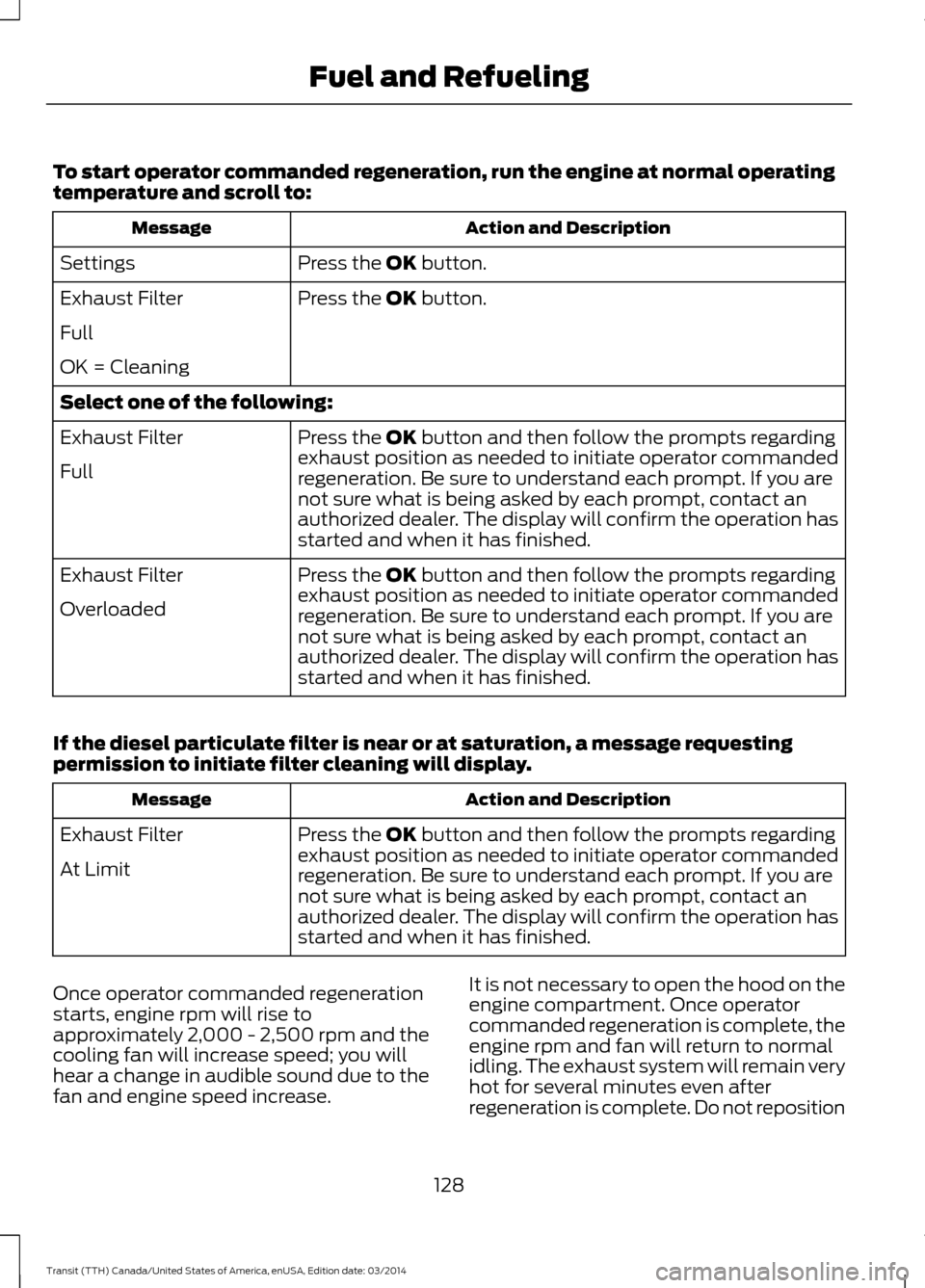 FORD TRANSIT 2015 5.G Owners Manual To start operator commanded regeneration, run the engine at normal operating
temperature and scroll to:
Action and Description
Message
Press the OK button.
Settings
Press the
OK button.
Exhaust Filte FORD TRANSIT 2015 5.G Owners Manual To start operator commanded regeneration, run the engine at normal operating
temperature and scroll to:
Action and Description
Message
Press the OK button.
Settings
Press the
OK button.
Exhaust Filte