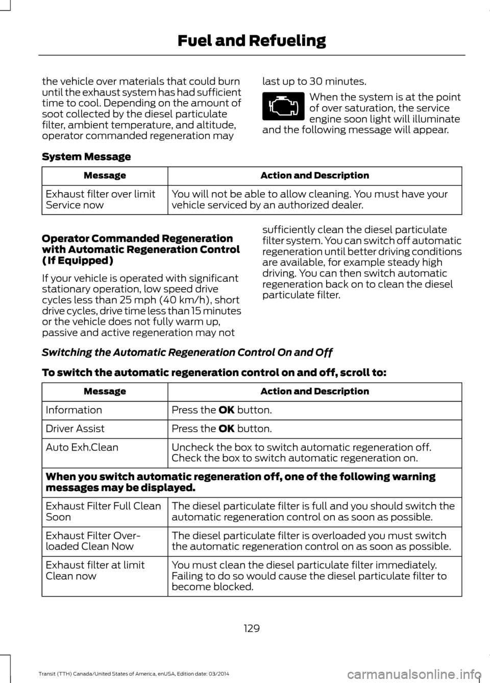 FORD TRANSIT 2015 5.G Owners Manual the vehicle over materials that could burn
until the exhaust system has had sufficient
time to cool. Depending on the amount of
soot collected by the diesel particulate
filter, ambient temperature, an FORD TRANSIT 2015 5.G Owners Manual the vehicle over materials that could burn
until the exhaust system has had sufficient
time to cool. Depending on the amount of
soot collected by the diesel particulate
filter, ambient temperature, an