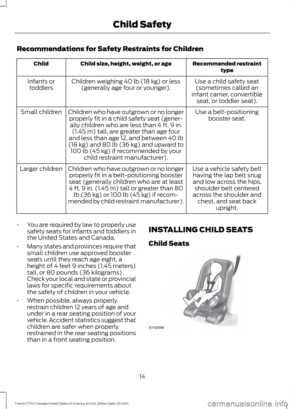 FORD TRANSIT 2015 5.G User Guide Recommendations for Safety Restraints for Children
Recommended restraint
type
Child size, height, weight, or age
Child
Use a child safety seat(sometimes called an
infant carrier, convertible seat, or 