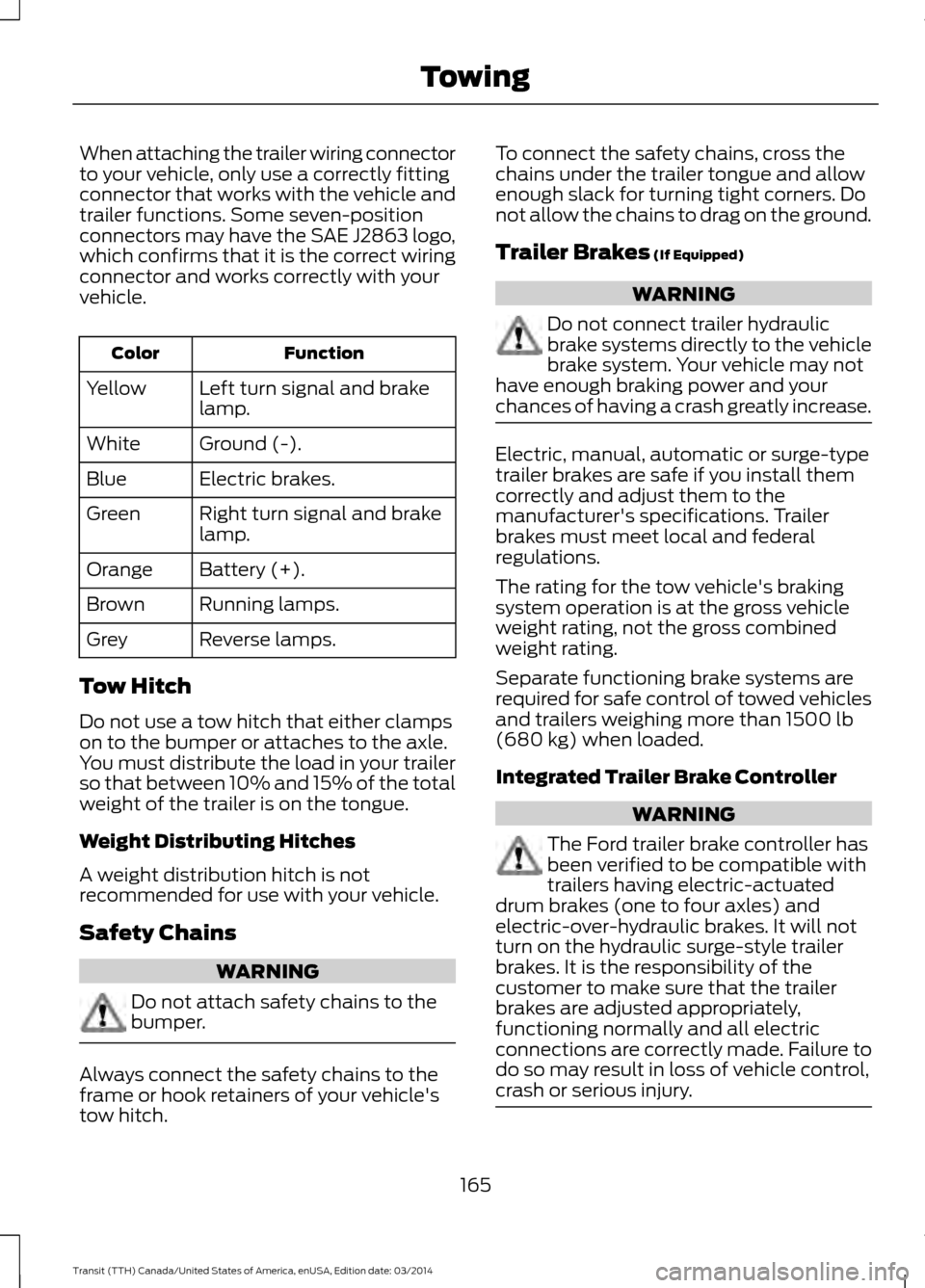 FORD TRANSIT 2015 5.G Owners Manual When attaching the trailer wiring connector
to your vehicle, only use a correctly fitting
connector that works with the vehicle and
trailer functions. Some seven-position
connectors may have the SAE J FORD TRANSIT 2015 5.G Owners Manual When attaching the trailer wiring connector
to your vehicle, only use a correctly fitting
connector that works with the vehicle and
trailer functions. Some seven-position
connectors may have the SAE J