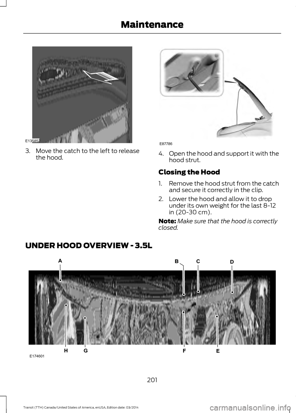 FORD TRANSIT 2015 5.G Owners Manual 3. Move the catch to the left to release
the hood. 4.
Open the hood and support it with the
hood strut.
Closing the Hood
1. Remove the hood strut from the catch
and secure it correctly in the clip.
2. FORD TRANSIT 2015 5.G Owners Manual 3. Move the catch to the left to release
the hood. 4.
Open the hood and support it with the
hood strut.
Closing the Hood
1. Remove the hood strut from the catch
and secure it correctly in the clip.
2.