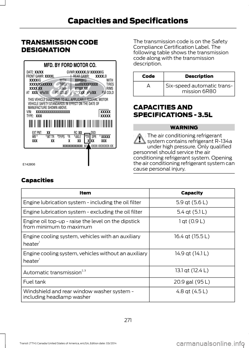 FORD TRANSIT 2015 5.G User Guide TRANSMISSION CODE
DESIGNATION The transmission code is on the Safety
Compliance Certification Label. The
following table shows the transmission
code along with the transmission
description.
Descriptio FORD TRANSIT 2015 5.G User Guide TRANSMISSION CODE
DESIGNATION The transmission code is on the Safety
Compliance Certification Label. The
following table shows the transmission
code along with the transmission
description.
Descriptio