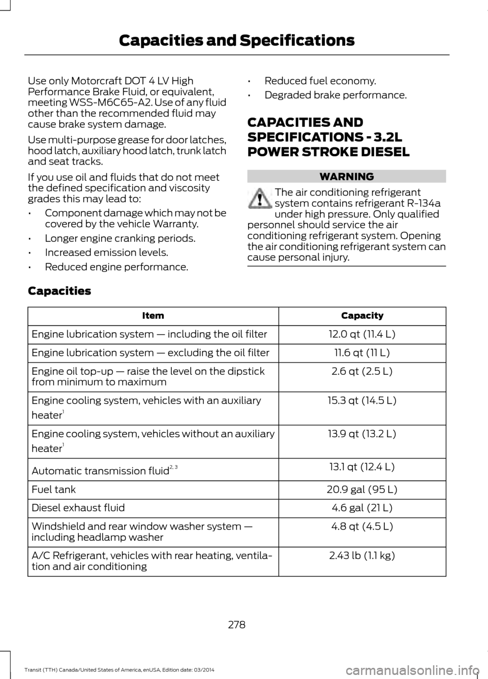FORD TRANSIT 2015 5.G Owners Manual Use only Motorcraft DOT 4 LV High
Performance Brake Fluid, or equivalent,
meeting WSS-M6C65-A2. Use of any fluid
other than the recommended fluid may
cause brake system damage.
Use multi-purpose greas FORD TRANSIT 2015 5.G Owners Manual Use only Motorcraft DOT 4 LV High
Performance Brake Fluid, or equivalent,
meeting WSS-M6C65-A2. Use of any fluid
other than the recommended fluid may
cause brake system damage.
Use multi-purpose greas