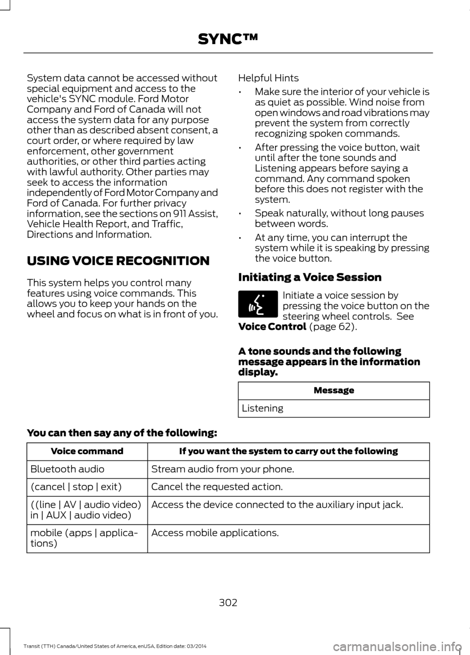 FORD TRANSIT 2015 5.G Owners Manual System data cannot be accessed without
special equipment and access to the
vehicles SYNC module. Ford Motor
Company and Ford of Canada will not
access the system data for any purpose
other than as de FORD TRANSIT 2015 5.G Owners Manual System data cannot be accessed without
special equipment and access to the
vehicles SYNC module. Ford Motor
Company and Ford of Canada will not
access the system data for any purpose
other than as de