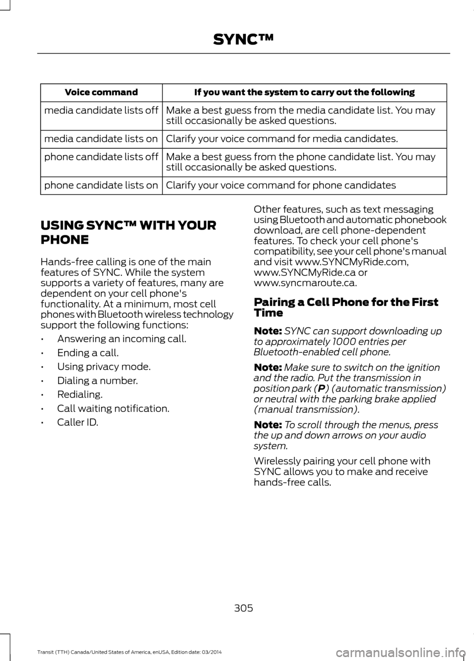 FORD TRANSIT 2015 5.G Owners Manual If you want the system to carry out the following
Voice command
Make a best guess from the media candidate list. You may
still occasionally be asked questions.
media candidate lists off
Clarify your v FORD TRANSIT 2015 5.G Owners Manual If you want the system to carry out the following
Voice command
Make a best guess from the media candidate list. You may
still occasionally be asked questions.
media candidate lists off
Clarify your v
