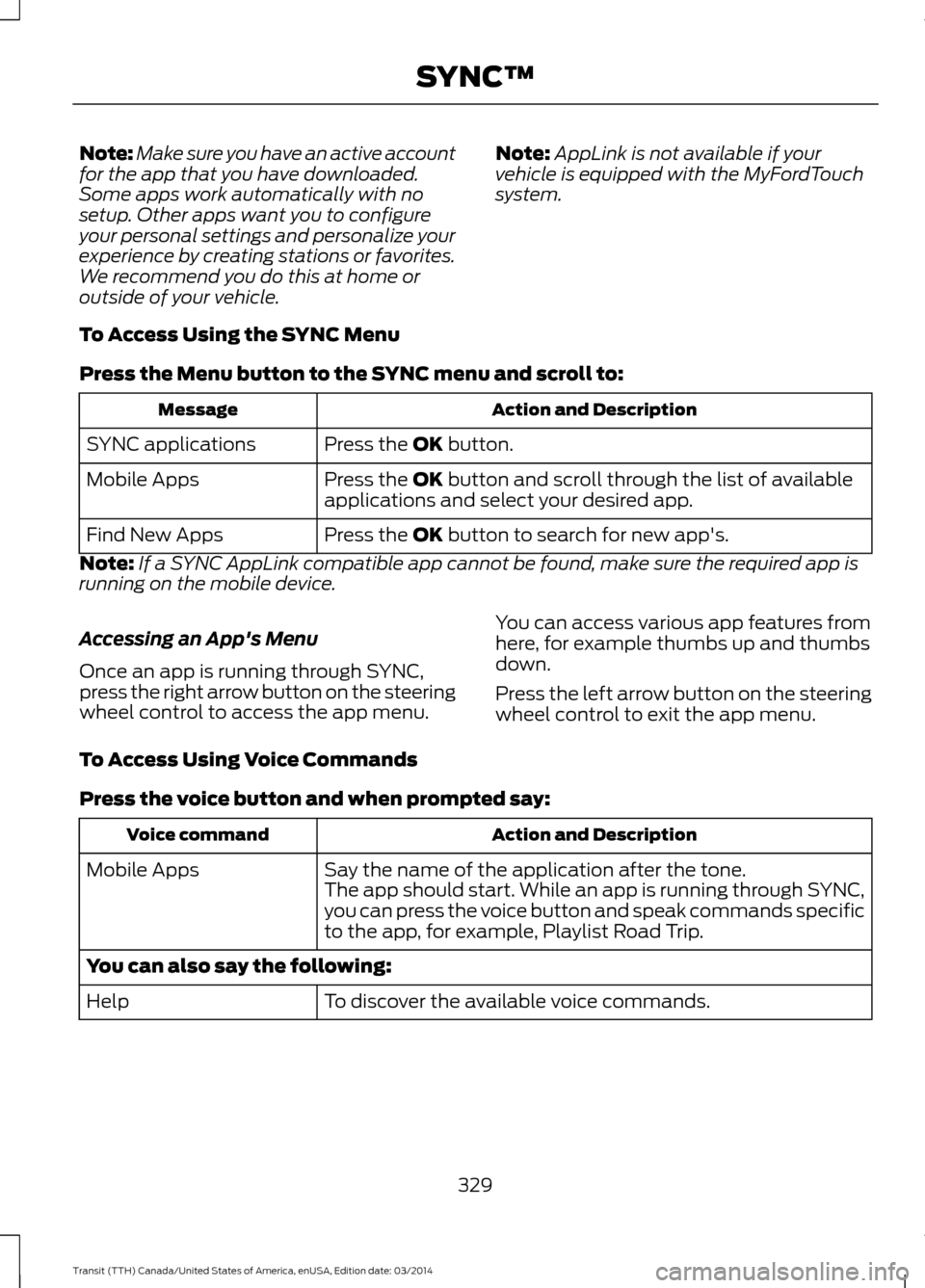 FORD TRANSIT 2015 5.G Owners Manual Note:
Make sure you have an active account
for the app that you have downloaded.
Some apps work automatically with no
setup. Other apps want you to configure
your personal settings and personalize you FORD TRANSIT 2015 5.G Owners Manual Note:
Make sure you have an active account
for the app that you have downloaded.
Some apps work automatically with no
setup. Other apps want you to configure
your personal settings and personalize you