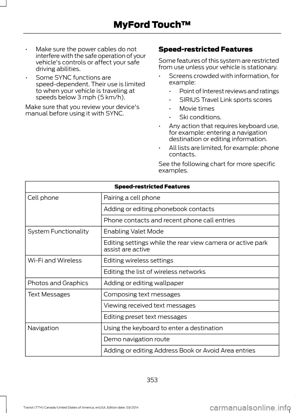 FORD TRANSIT 2015 5.G Owners Manual •
Make sure the power cables do not
interfere with the safe operation of your
vehicles controls or affect your safe
driving abilities.
• Some SYNC functions are
speed-dependent. Their use is limi FORD TRANSIT 2015 5.G Owners Manual •
Make sure the power cables do not
interfere with the safe operation of your
vehicles controls or affect your safe
driving abilities.
• Some SYNC functions are
speed-dependent. Their use is limi