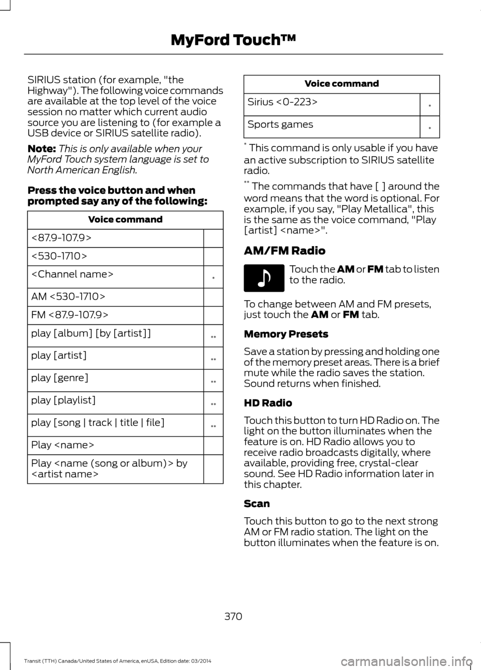 FORD TRANSIT 2015 5.G Owners Manual SIRIUS station (for example, "the
Highway"). The following voice commands
are available at the top level of the voice
session no matter which current audio
source you are listening to (for example a
U FORD TRANSIT 2015 5.G Owners Manual SIRIUS station (for example, "the
Highway"). The following voice commands
are available at the top level of the voice
session no matter which current audio
source you are listening to (for example a
U