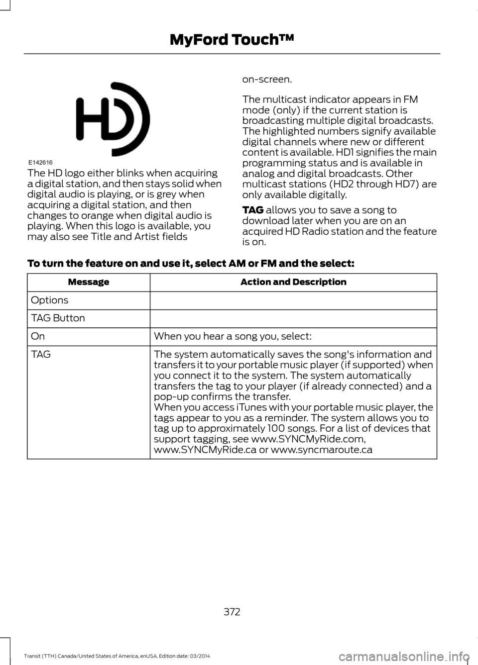 FORD TRANSIT 2015 5.G Owners Manual The HD logo either blinks when acquiring
a digital station, and then stays solid when
digital audio is playing, or is grey when
acquiring a digital station, and then
changes to orange when digital aud FORD TRANSIT 2015 5.G Owners Manual The HD logo either blinks when acquiring
a digital station, and then stays solid when
digital audio is playing, or is grey when
acquiring a digital station, and then
changes to orange when digital aud