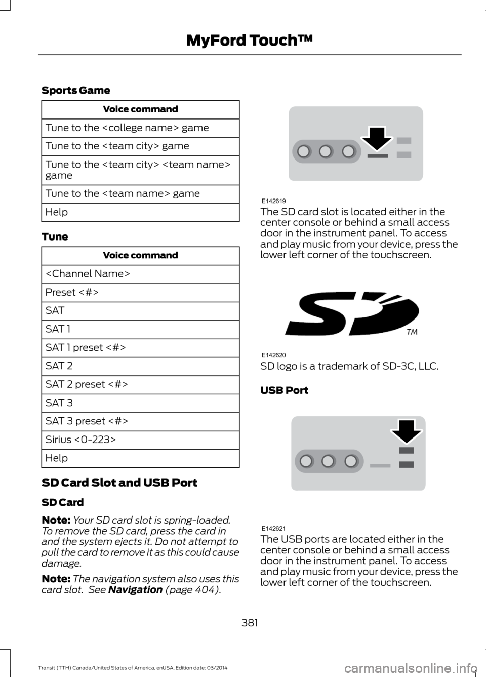 FORD TRANSIT 2015 5.G Owners Manual Sports Game
Voice command
Tune to the <college name> game
Tune to the <team city> game
Tune to the <team city> <team name>
game
Tune to the <team name> game
Help
Tune Voice command
<Channel Name>
Pres FORD TRANSIT 2015 5.G Owners Manual Sports Game
Voice command
Tune to the <college name> game
Tune to the <team city> game
Tune to the <team city> <team name>
game
Tune to the <team name> game
Help
Tune Voice command
<Channel Name>
Pres