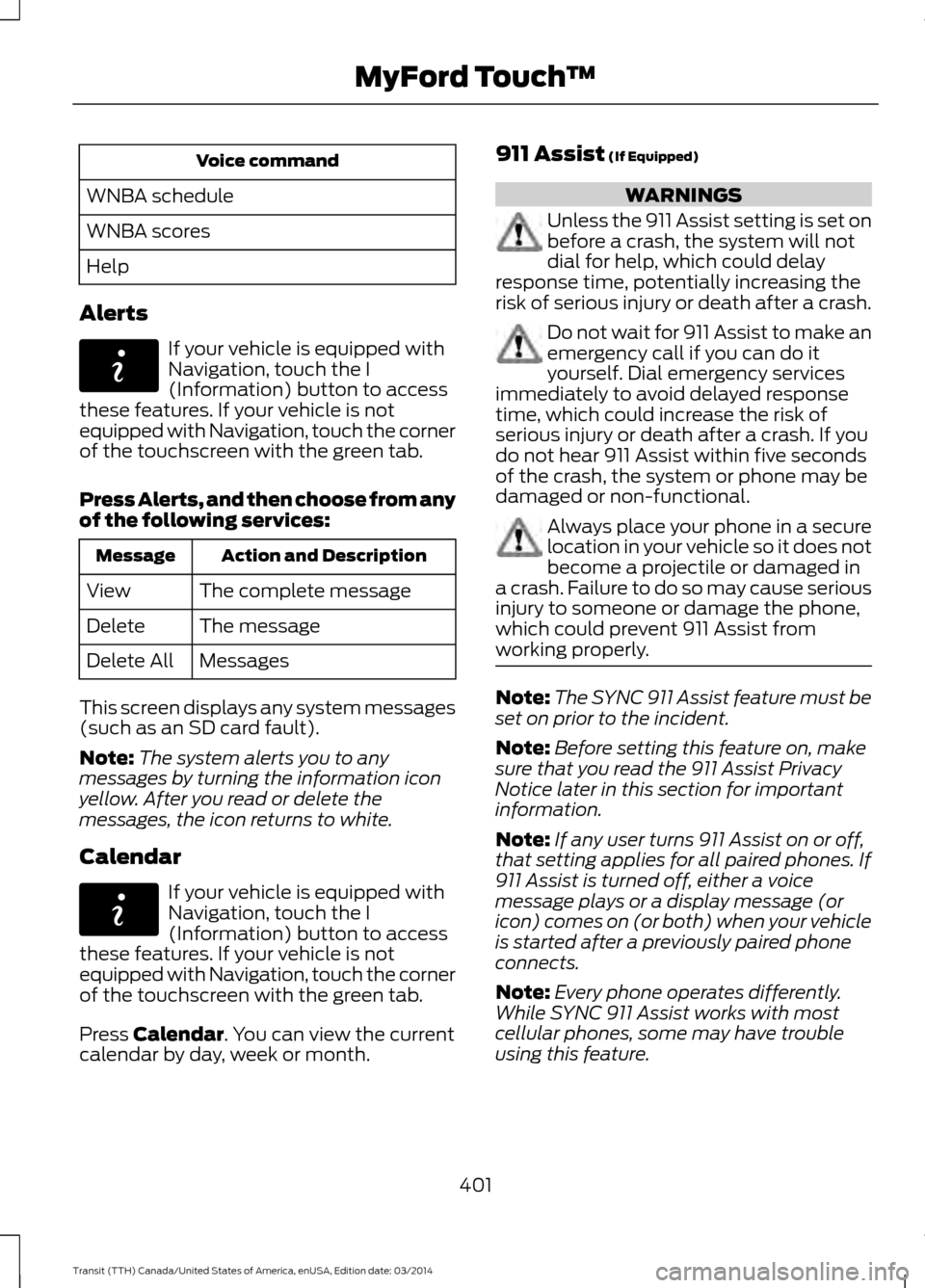 FORD TRANSIT 2015 5.G Owners Manual Voice command
WNBA schedule
WNBA scores
Help
Alerts If your vehicle is equipped with
Navigation, touch the I
(Information) button to access
these features. If your vehicle is not
equipped with Navigat FORD TRANSIT 2015 5.G Owners Manual Voice command
WNBA schedule
WNBA scores
Help
Alerts If your vehicle is equipped with
Navigation, touch the I
(Information) button to access
these features. If your vehicle is not
equipped with Navigat