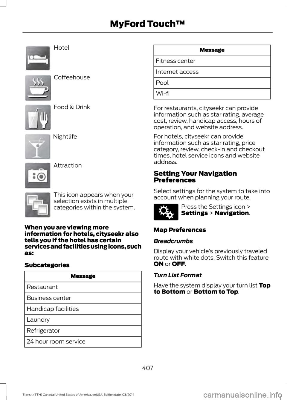 FORD TRANSIT 2015 5.G Owners Manual Hotel
Coffeehouse
Food & Drink
Nightlife
Attraction
This icon appears when your
selection exists in multiple
categories within the system.
When you are viewing more
information for hotels, cityseekr a FORD TRANSIT 2015 5.G Owners Manual Hotel
Coffeehouse
Food & Drink
Nightlife
Attraction
This icon appears when your
selection exists in multiple
categories within the system.
When you are viewing more
information for hotels, cityseekr a
