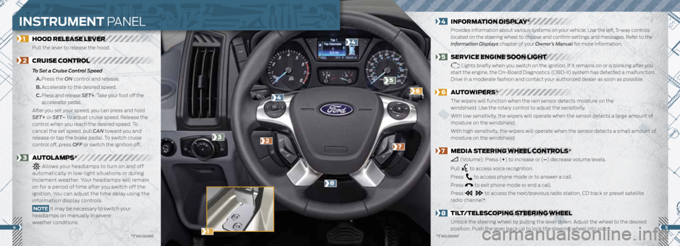 FORD TRANSIT 2015 5.G Quick Reference Guide 54
1 HOOD RELEASE LEVER
Pull the lever to release the hood.
2 CRUISE CONTROL
To Set a Cruise Control Speed
A. Press the ON control and release.
B. Accelerate to the desi FORD TRANSIT 2015 5.G Quick Reference Guide 54
1 HOOD RELEASE LEVER
Pull the lever to release the hood.
2 CRUISE CONTROL
To Set a Cruise Control Speed
A. Press the ON control and release.
B. Accelerate to the desi