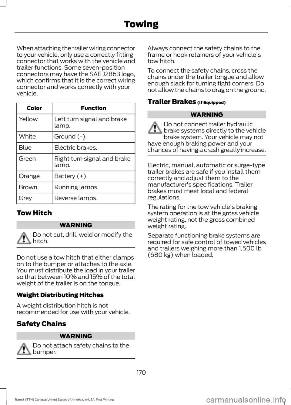 FORD TRANSIT 2016 5.G Owners Manual When attaching the trailer wiring connector
to your vehicle, only use a correctly fitting
connector that works with the vehicle and
trailer functions. Some seven-position
connectors may have the SAE J FORD TRANSIT 2016 5.G Owners Manual When attaching the trailer wiring connector
to your vehicle, only use a correctly fitting
connector that works with the vehicle and
trailer functions. Some seven-position
connectors may have the SAE J