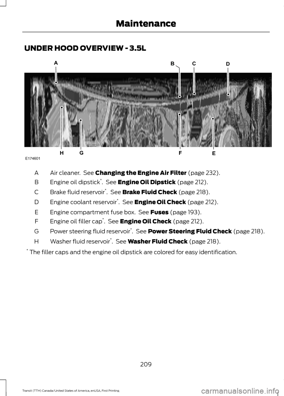 FORD TRANSIT 2016 5.G Owners Manual UNDER HOOD OVERVIEW - 3.5L
Air cleaner.  See Changing the Engine Air Filter (page 232).
A
Engine oil dipstick *
.  See 
Engine Oil Dipstick (page 212).
B
Brake fluid reservoir *
.  See 
Brake Fluid Ch