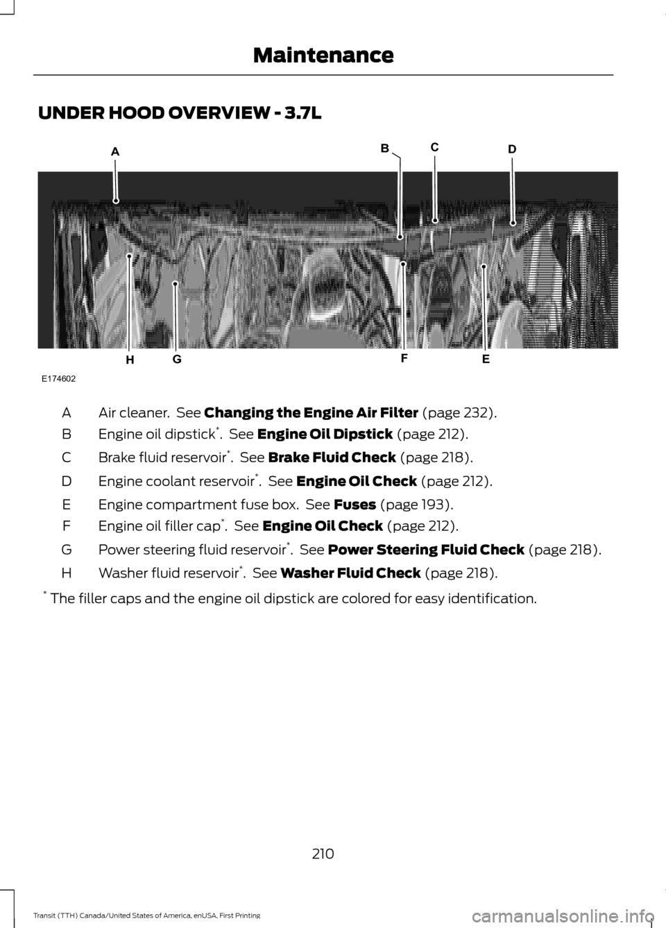 FORD TRANSIT 2016 5.G Owners Manual UNDER HOOD OVERVIEW - 3.7L
Air cleaner. See Changing the Engine Air Filter (page 232).
A
Engine oil dipstick *
. See
Engine Oil Dipstick (page 212).
B
Brake fluid reservoir *
. See
Brake Fluid Ch FORD TRANSIT 2016 5.G Owners Manual UNDER HOOD OVERVIEW - 3.7L
Air cleaner. See Changing the Engine Air Filter (page 232).
A
Engine oil dipstick *
. See
Engine Oil Dipstick (page 212).
B
Brake fluid reservoir *
. See
Brake Fluid Ch