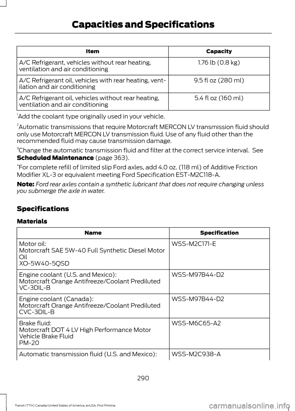 FORD TRANSIT 2016 5.G Owners Manual Capacity
Item
1.76 lb (0.8 kg)
A/C Refrigerant, vehicles without rear heating,
ventilation and air conditioning
9.5 fl oz (280 ml)
A/C Refrigerant oil, vehicles with rear heating, vent-
ilation and ai FORD TRANSIT 2016 5.G Owners Manual Capacity
Item
1.76 lb (0.8 kg)
A/C Refrigerant, vehicles without rear heating,
ventilation and air conditioning
9.5 fl oz (280 ml)
A/C Refrigerant oil, vehicles with rear heating, vent-
ilation and ai