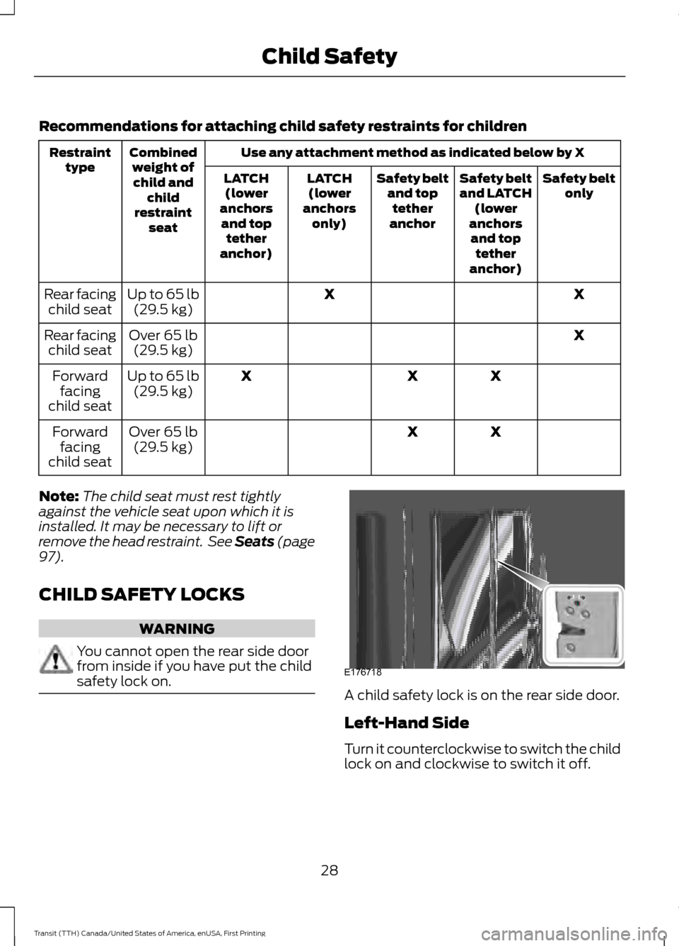 FORD TRANSIT 2016 5.G Owners Guide Recommendations for attaching child safety restraints for children
Use any attachment method as indicated below by X
Combined
weight ofchild and child
restraint seat
Restraint
type Safety belt
only
Sa