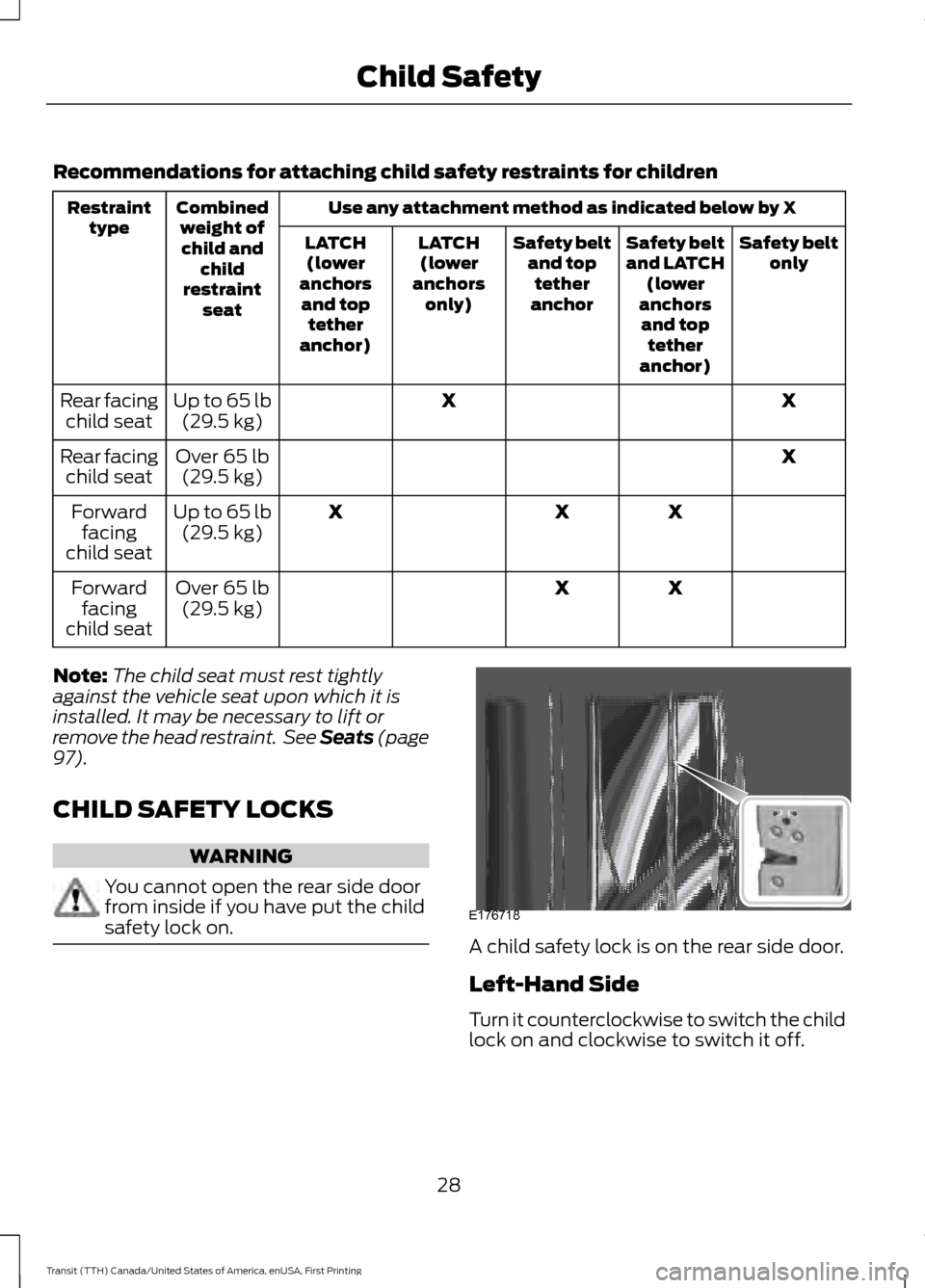 FORD TRANSIT 2016 5.G Owners Guide Recommendations for attaching child safety restraints for children
Use any attachment method as indicated below by X
Combined
weight ofchild and child
restraint seat
Restraint
type Safety belt
only
Sa